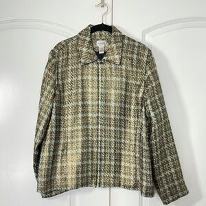 Chico’s Gold and Blue Jacquard Jacket Zipper front closure size 3